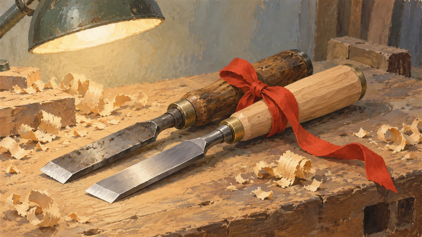Gouache painting of two chisels on a workbench, one old with a worn handle and one brand new, tied together with a single vermilion ribbon under a warm work lamp
