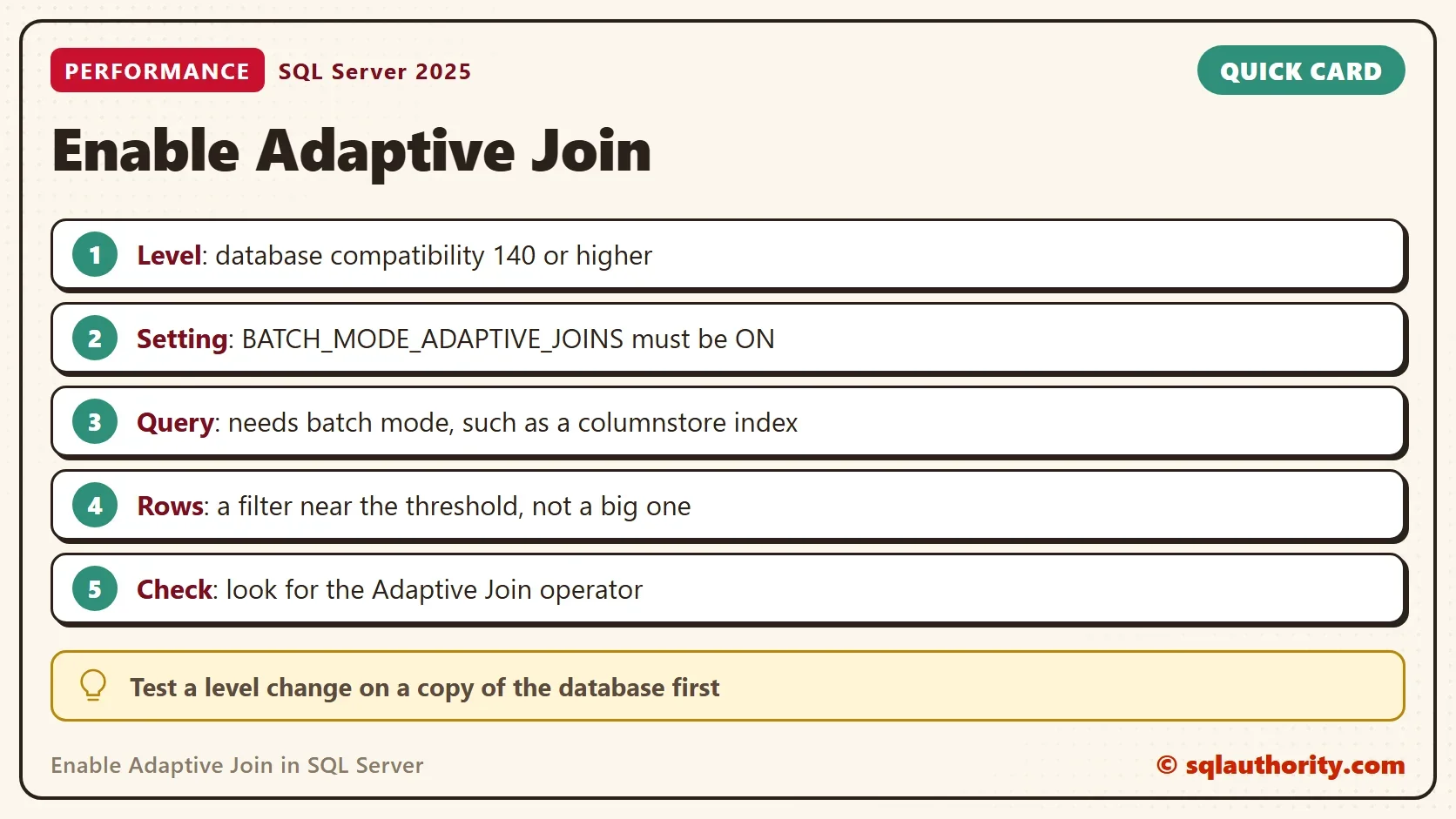Quick card titled Enable Adaptive Join: Level: database compatibility 140 or higher. Setting: BATCH_MODE_ADAPTIVE_JOINS must be ON. Query: needs batch mode, such as a columnstore index. Rows: a filter near the threshold, not a big one. Check: look for the Adaptive Join operator. Tip: Test a level change on a copy of the database first