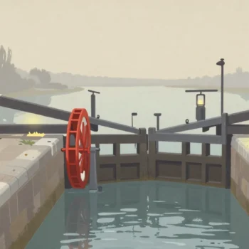Gouache painting of a canal lock with a vermilion sluice wheel between the closed gates