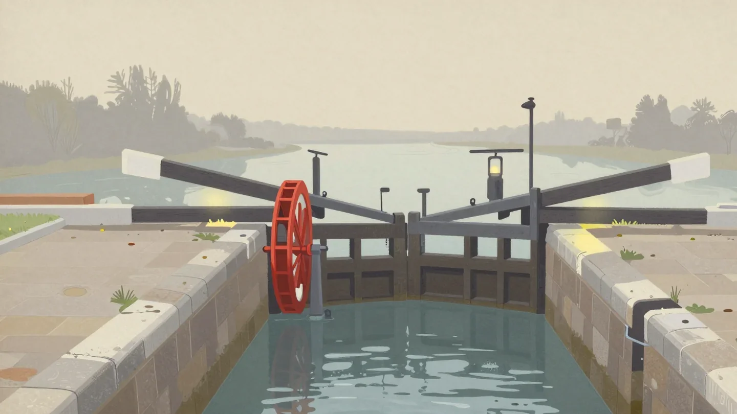 Gouache painting of a canal lock with a vermilion sluice wheel between the closed gates