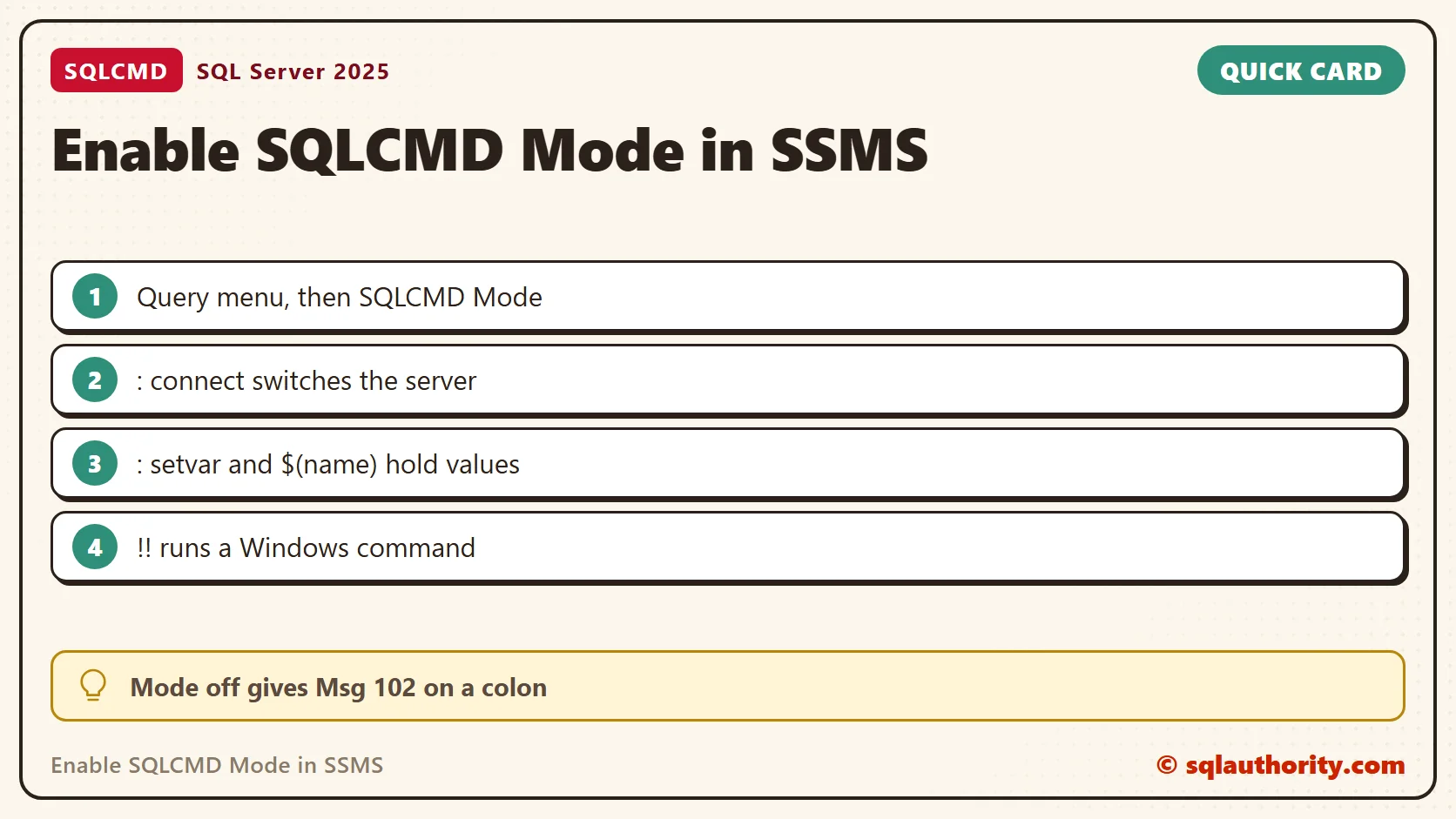 Quick reference card: Enable SQLCMD Mode in SSMS: SQL in Sixty Seconds #048