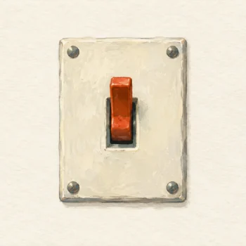 Gouache painting of an old wall panel with one large toggle switch, its vermilion lever flipped up, on a cream plate.