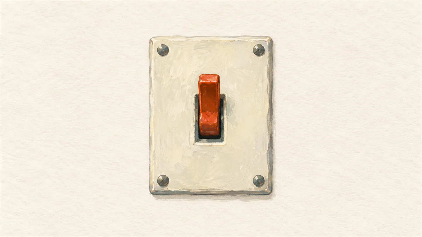 Gouache painting of an old wall panel with one large toggle switch, its vermilion lever flipped up, on a cream plate.