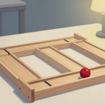 Gouache painting of a wooden marble run with three blocked channels and a vermilion marble in the open one