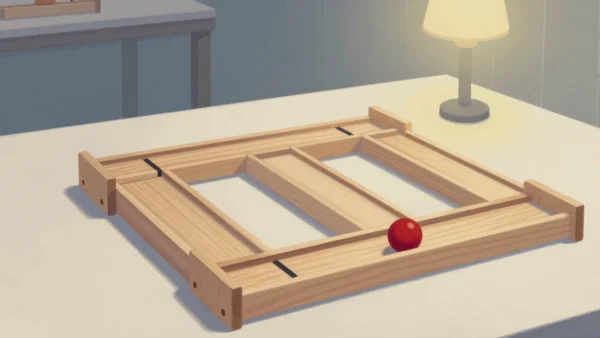 Gouache painting of a wooden marble run with three blocked channels and a vermilion marble in the open one