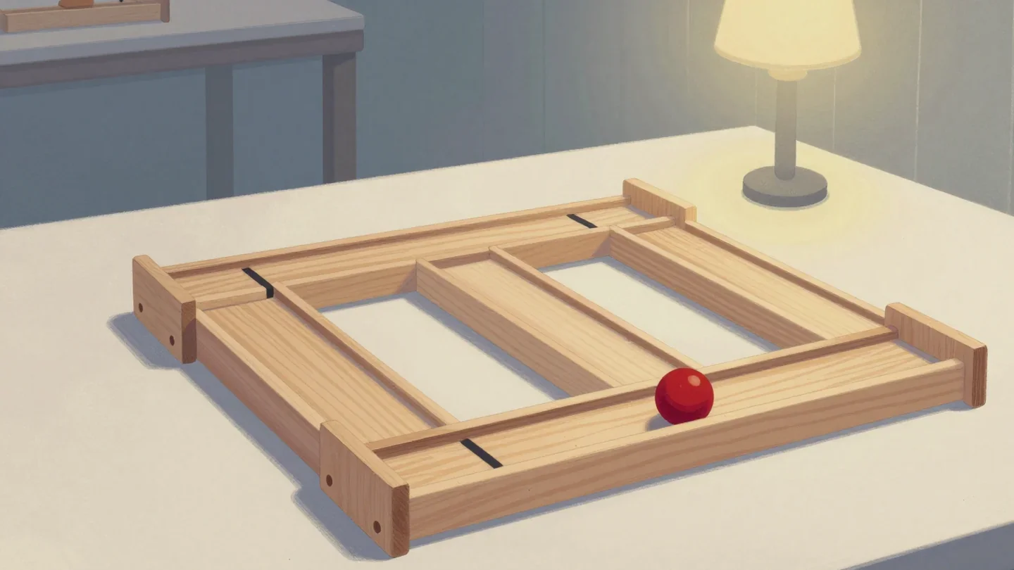 Gouache painting of a wooden marble run with three blocked channels and a vermilion marble in the open one