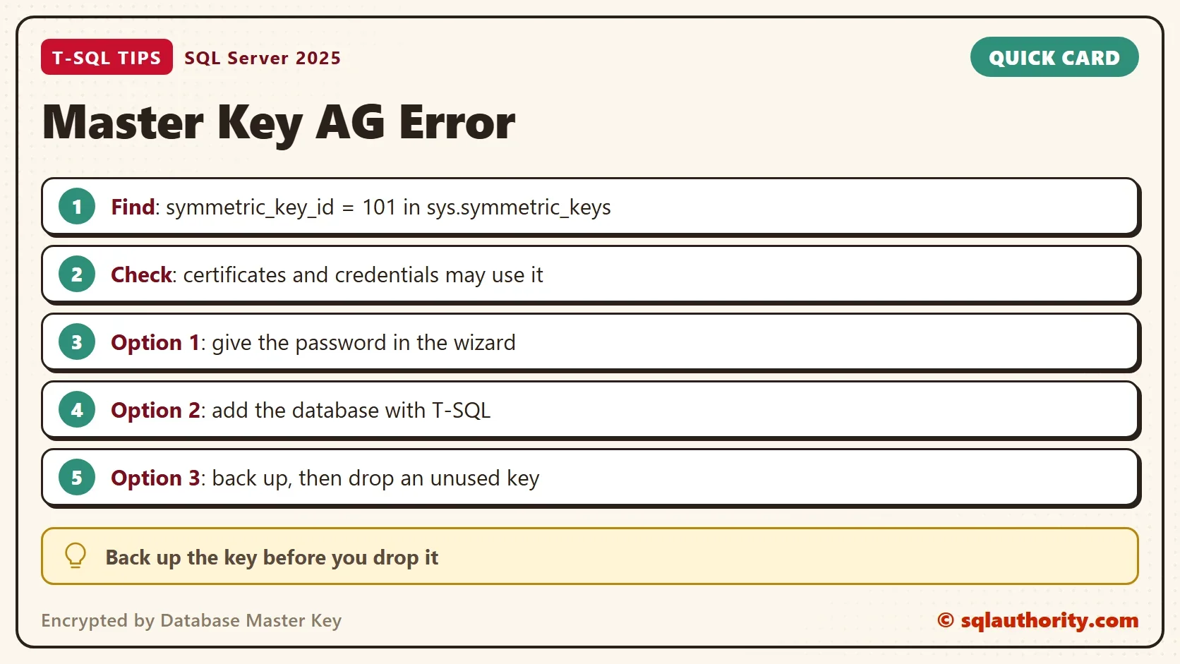 Quick card titled Master Key AG Error: Find: symmetric_key_id = 101 in sys.symmetric_keys. Check: certificates and credentials may use it. Option 1: give the password in the wizard. Option 2: add the database with T-SQL. Option 3: back up, then drop an unused key. Tip: Back up the key before you drop it.