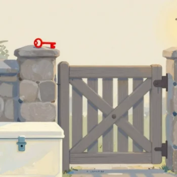 Gouache painting of a garden gate blocked by a locked chest with a vermilion key resting on the gate post