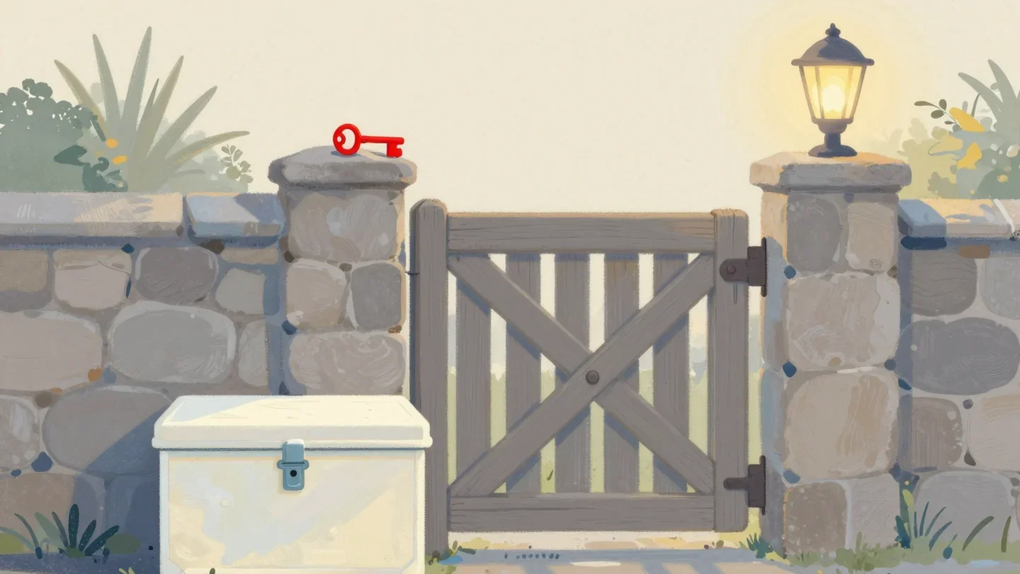Gouache painting of a garden gate blocked by a locked chest with a vermilion key resting on the gate post