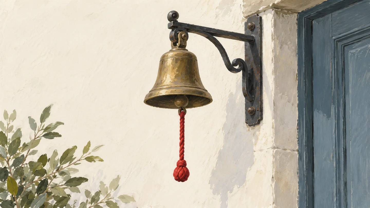 Gouache painting of an old brass bell on an iron bracket beside a doorway, its pull cord vermilion