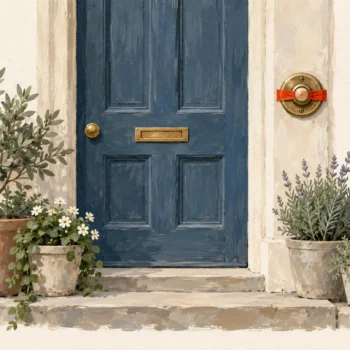 Gouache painting of a wooden front door with a round brass doorbell button held pressed by a strip of vermilion tape, potted plants on the step