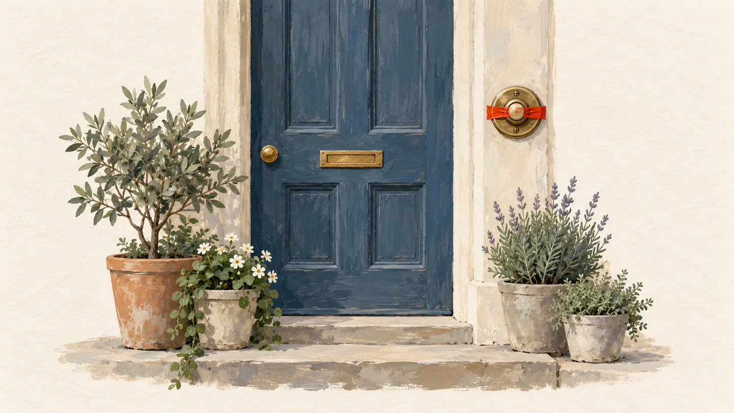 Gouache painting of a wooden front door with a round brass doorbell button held pressed by a strip of vermilion tape, potted plants on the step