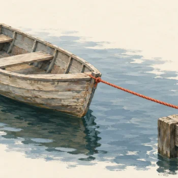 Gouache painting of an old wooden rowboat tied to a dock cleat with a vermilion rope pulled into a tight knot