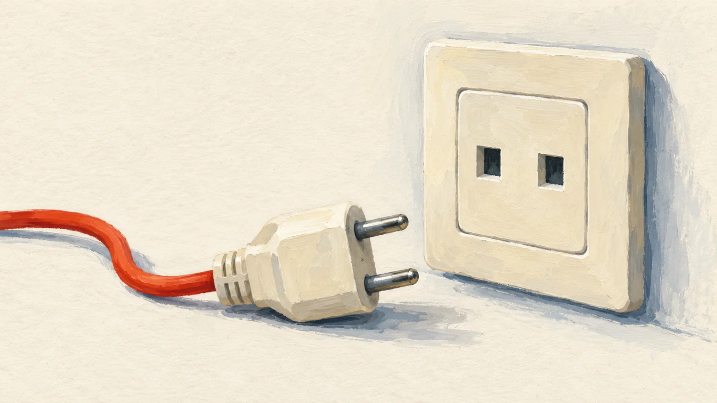 Gouache painting of a round-pin plug with a vermilion cord resting beside a plaster wall socket with square slots