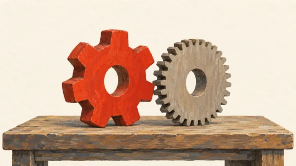 Gouache painting of two wooden cogwheels with different tooth sizes side by side on a workbench so they cannot mesh, one wheel vermilion