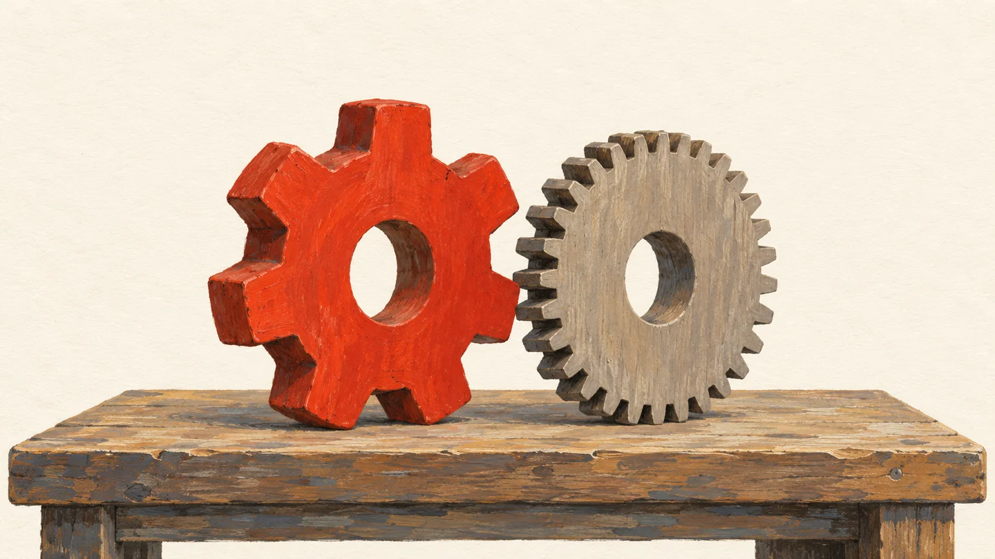 Gouache painting of two wooden cogwheels with different tooth sizes side by side on a workbench so they cannot mesh, one wheel vermilion