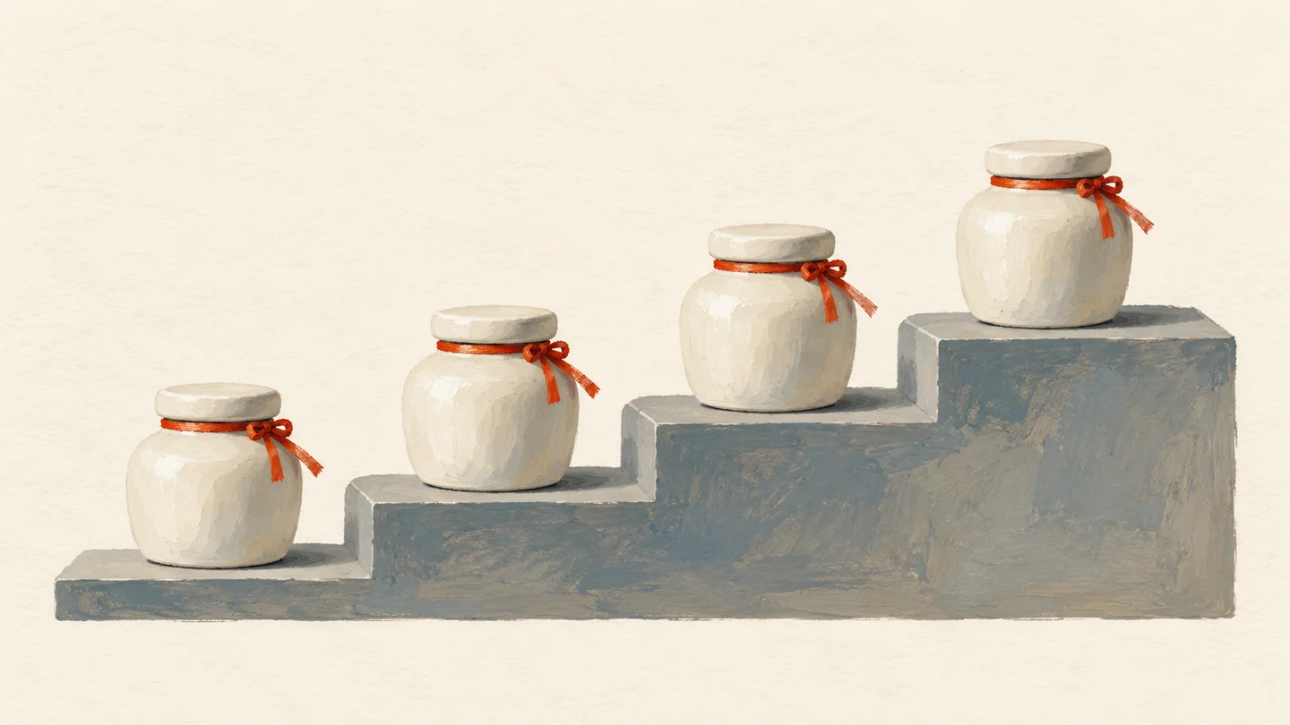 Gouache painting of a shelf of identical cream jars arranged in a staggered row of steps, each with a small vermilion ribbon