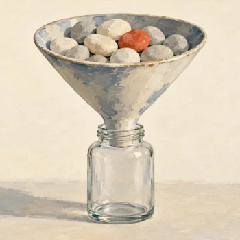 Gouache painting of a wide-mouthed ceramic funnel jammed with round cream pebbles above a narrow glass jar, one pebble vermilion
