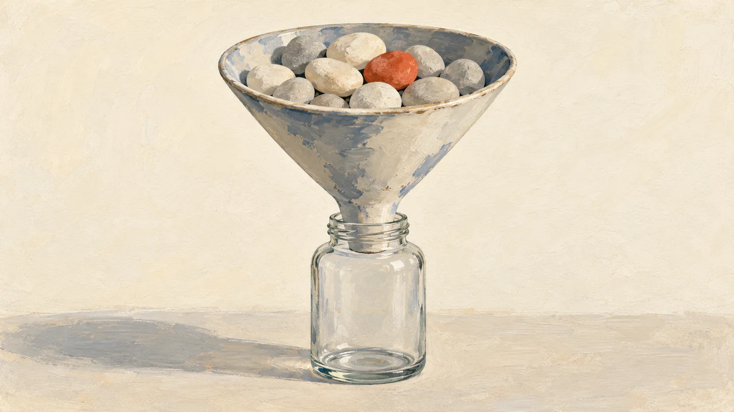 Gouache painting of a wide-mouthed ceramic funnel jammed with round cream pebbles above a narrow glass jar, one pebble vermilion