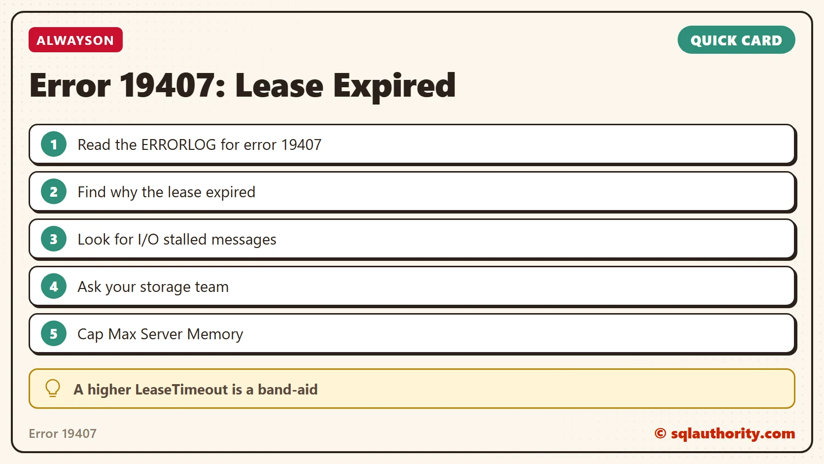 Quick reference card: error 19407, lease expired