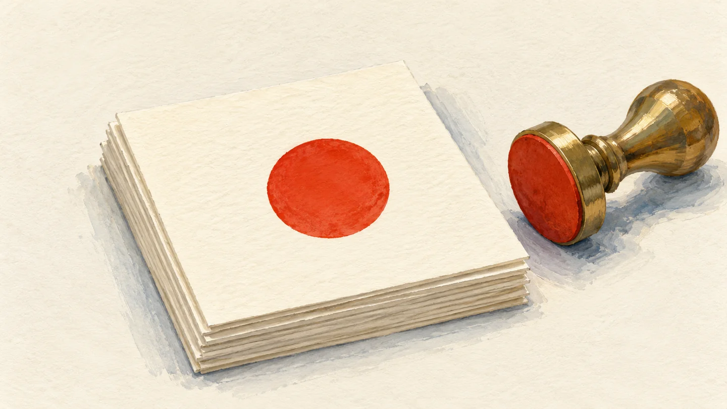 Gouache painting of a stack of paper sheets with one round vermilion ink impression on the top sheet, and a brass stamp resting beside it
