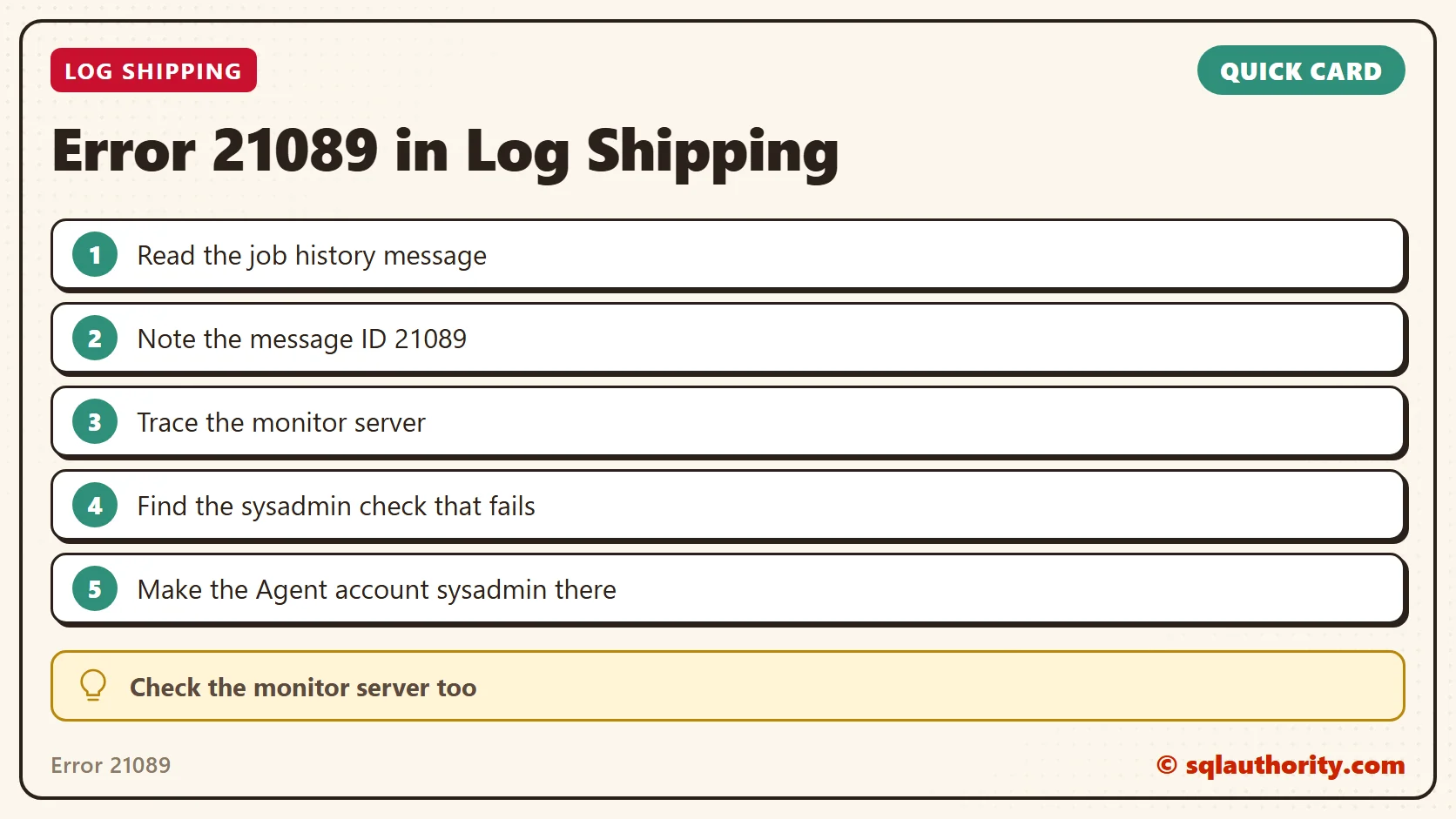 Quick reference card: Error 21089 in Log Shipping