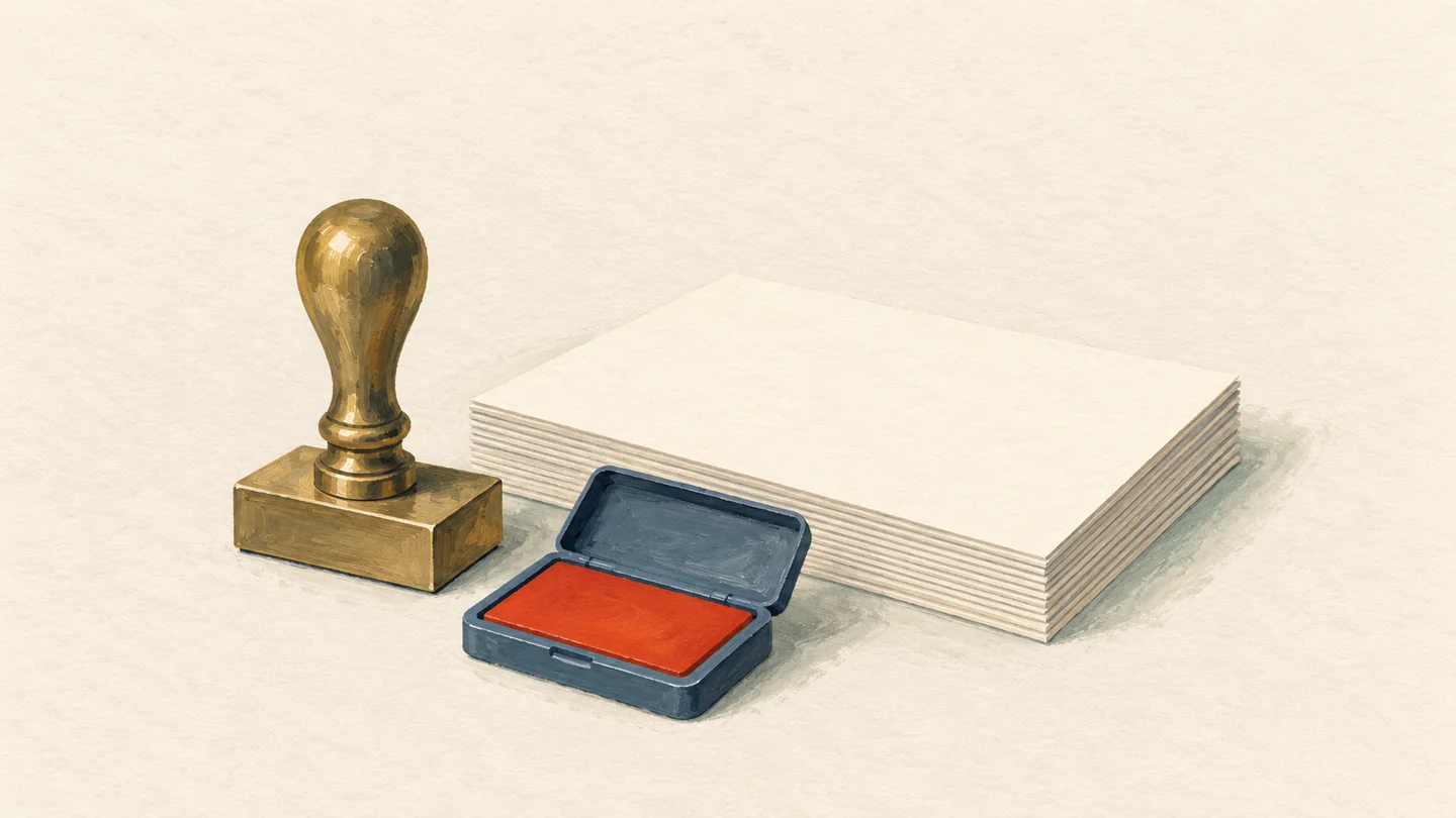 Gouache painting of a brass rubber stamp beside a neat stack of blank paper sheets and a vermilion ink pad, with the top sheet unstamped