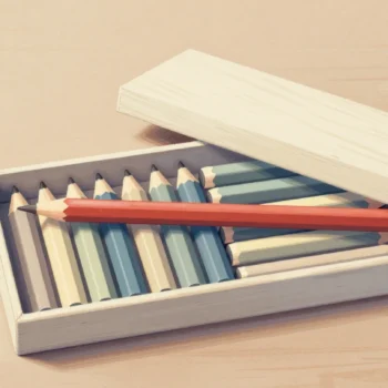 Gouache painting of an open wooden pencil box with short pencils fitting neatly inside and one long vermilion pencil lying across the top, too long for the lid