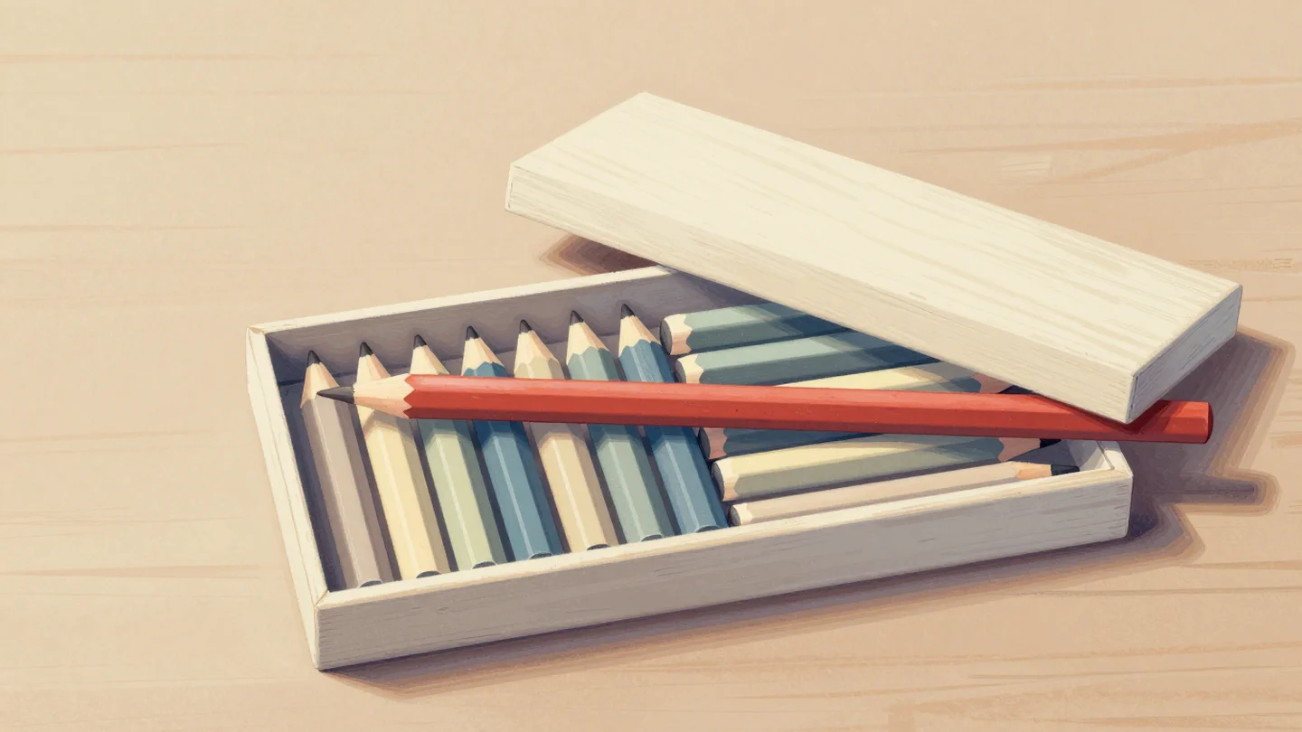 Gouache painting of an open wooden pencil box with short pencils fitting neatly inside and one long vermilion pencil lying across the top, too long for the lid