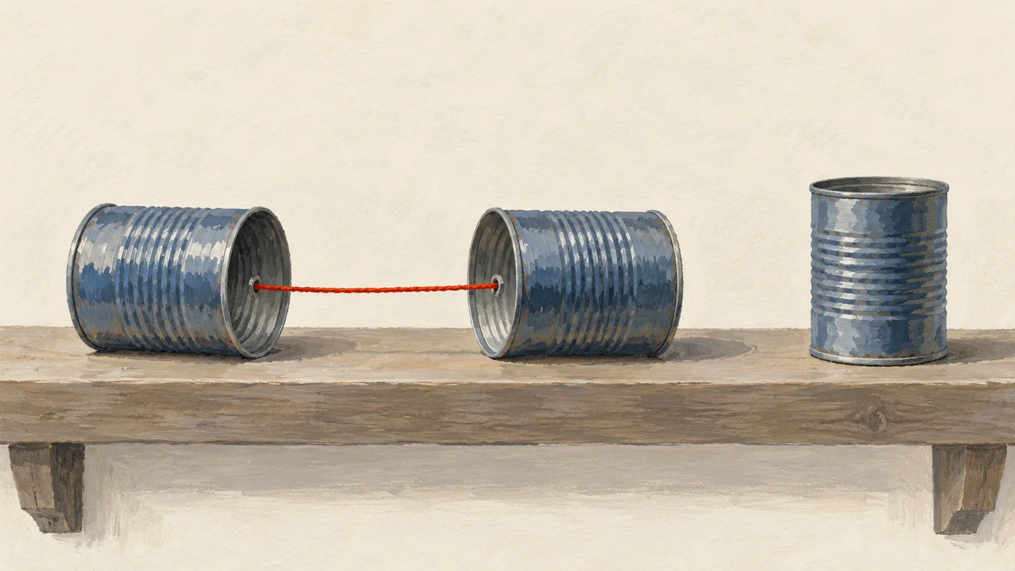 Gouache painting of two tin cans joined by a short taut vermilion thread, with a third can set aside on a wooden shelf