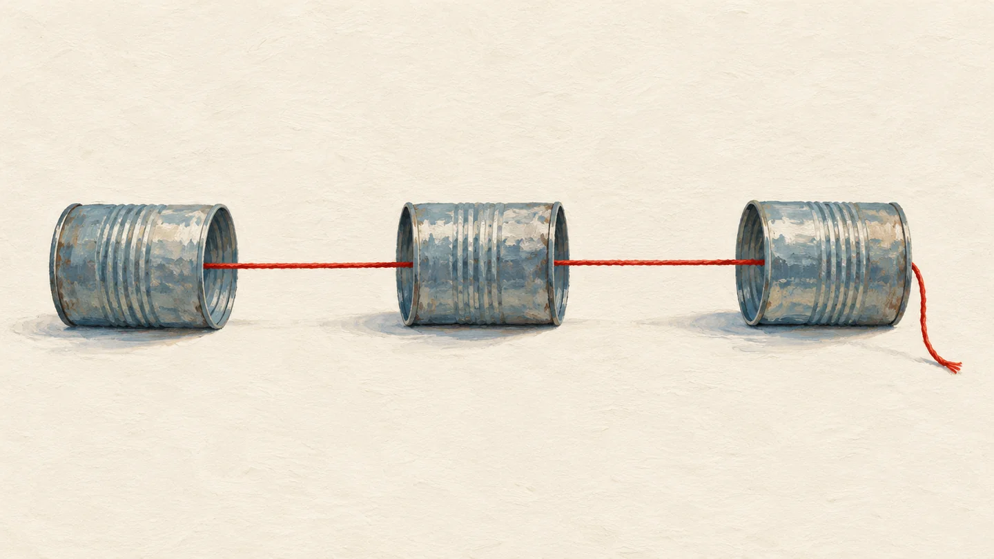 Gouache painting of three small tin cans in a row joined by a taut vermilion thread, with the last can holding only a loose thread end