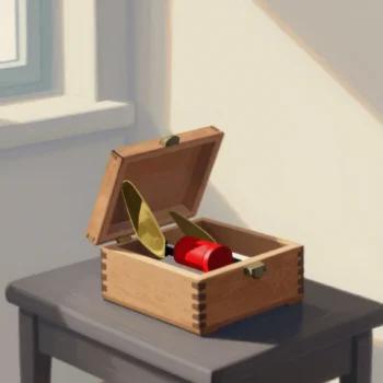 Gouache painting of an open wooden music box on a piano stool with a jammed vermilion cylinder inside