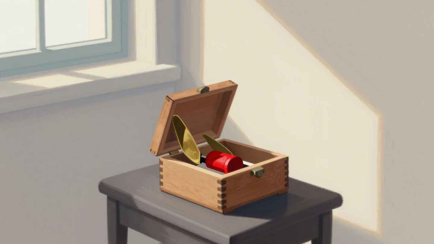 Gouache painting of an open wooden music box on a piano stool with a jammed vermilion cylinder inside