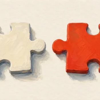 Gouache painting of two nearly identical jigsaw puzzle pieces on a table that look alike but do not interlock, one cream and one vermilion