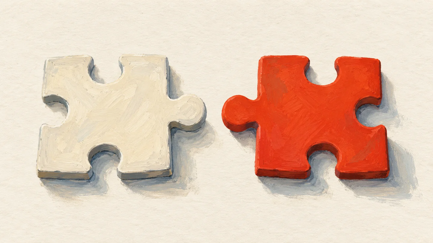 Gouache painting of two nearly identical jigsaw puzzle pieces on a table that look alike but do not interlock, one cream and one vermilion