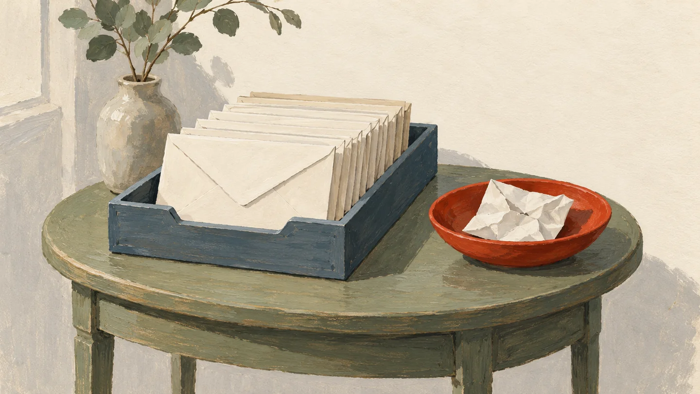 Gouache painting of the tray of cream envelopes in neat order with the small vermilion dish on a side table holding the crumpled envelope