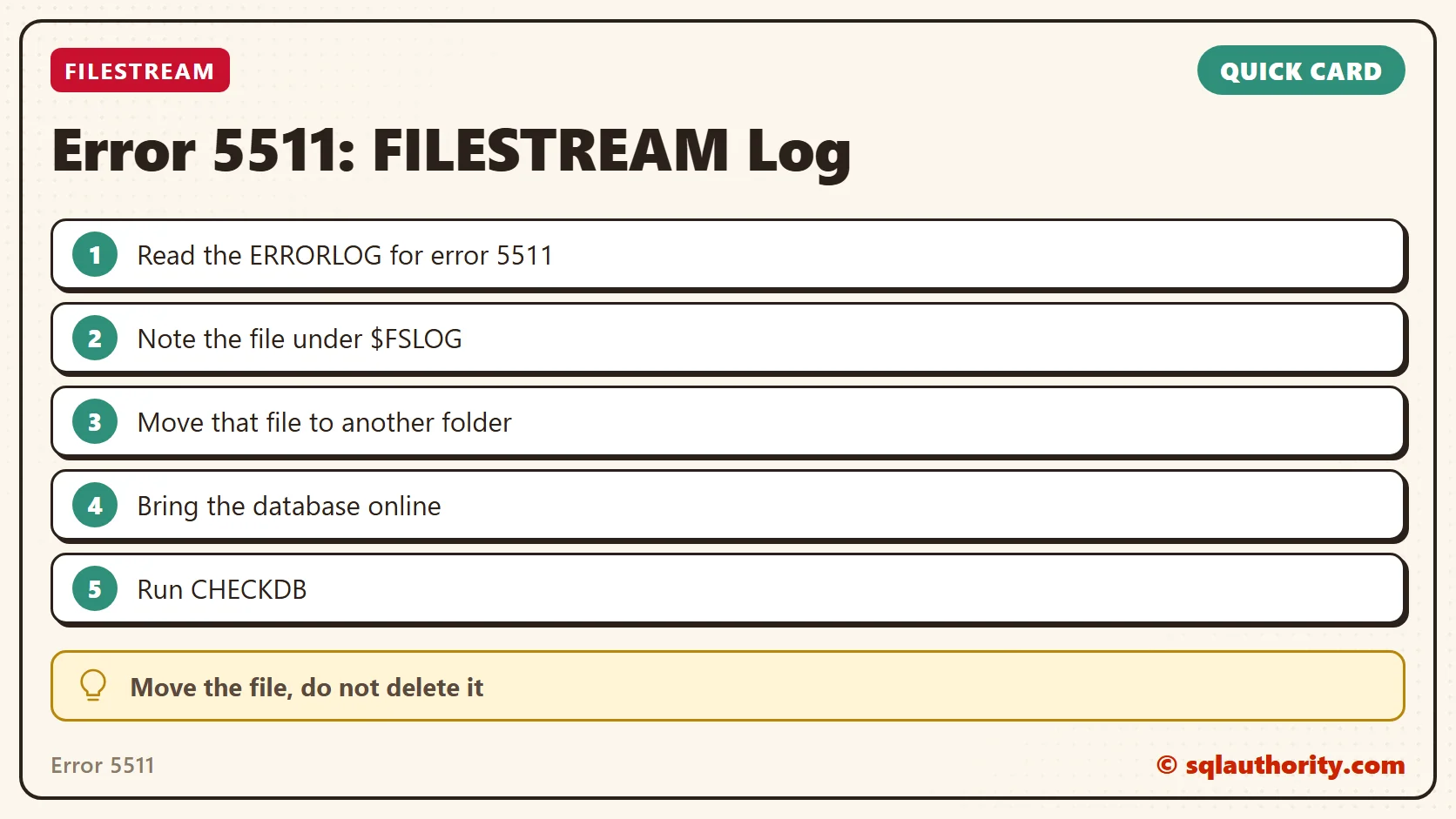 Quick reference card: Error 5511: FILESTREAM Log