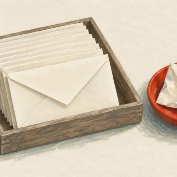 Gouache painting of a tidy wooden tray of identical cream envelopes with one crumpled envelope set apart in a small vermilion dish