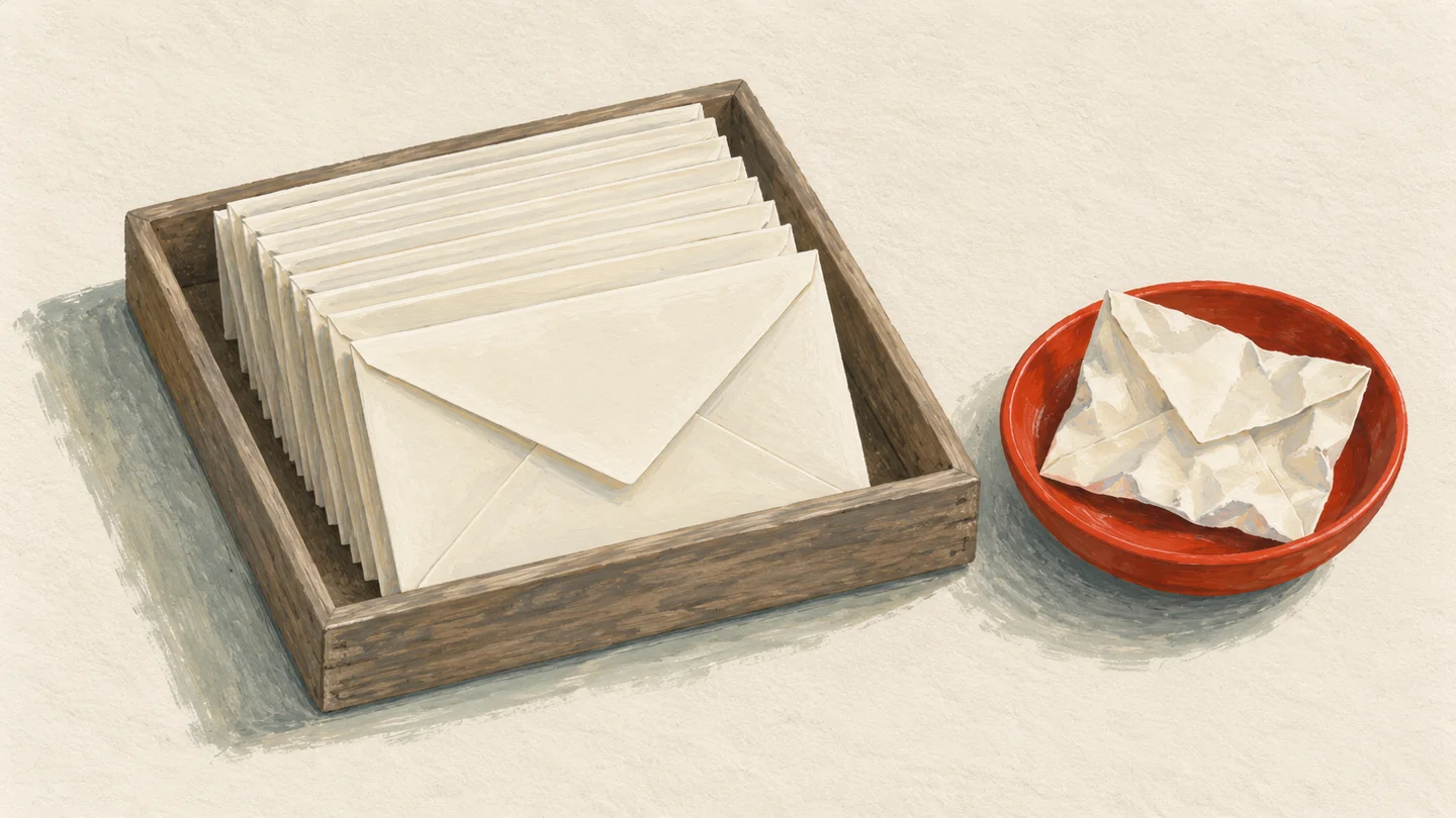 Gouache painting of a tidy wooden tray of identical cream envelopes with one crumpled envelope set apart in a small vermilion dish