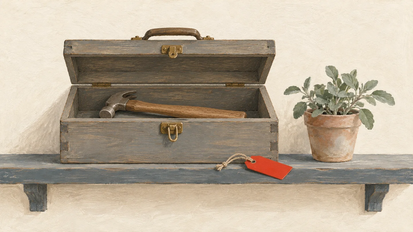 Gouache painting of the same wooden toolbox with its lid open, a small hammer inside, and the vermilion tag lying beside it on the shelf