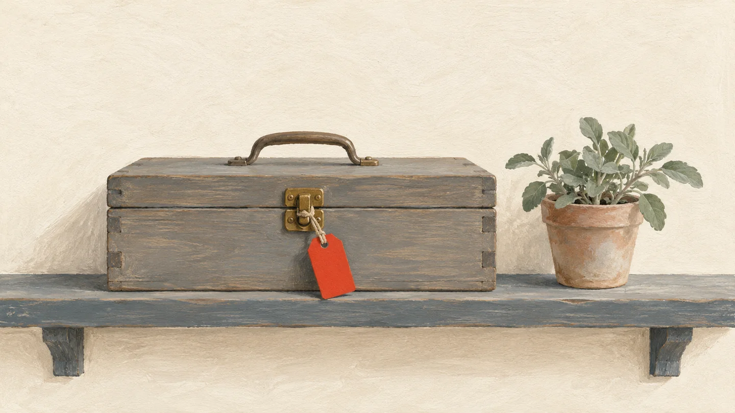 Gouache painting of a closed wooden toolbox on a shelf beside a clay flowerpot, its brass clasp tied shut with a single vermilion tag