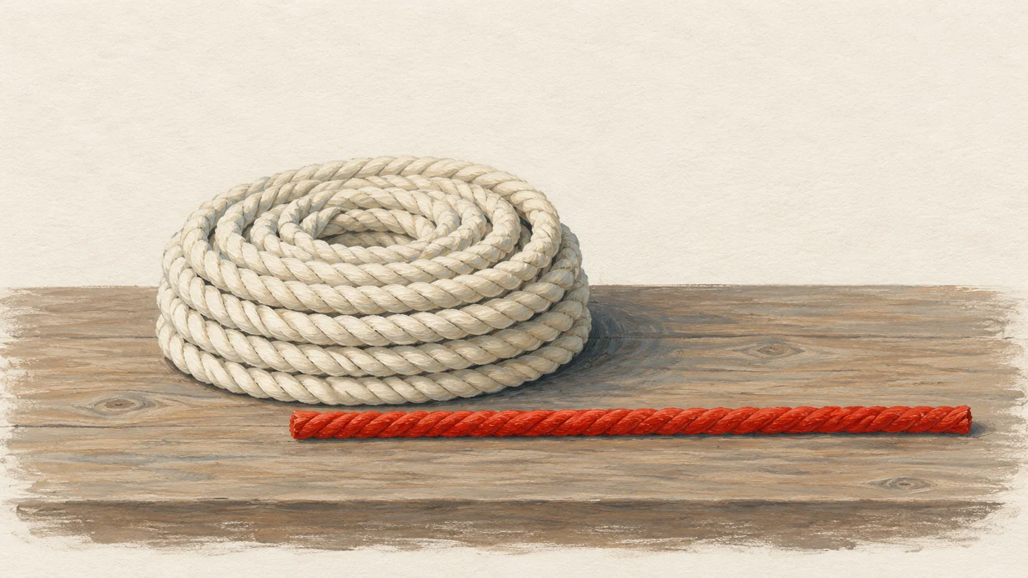 Gouache painting of a neatly coiled cream rope on a wooden table, one vermilion strand lying straight