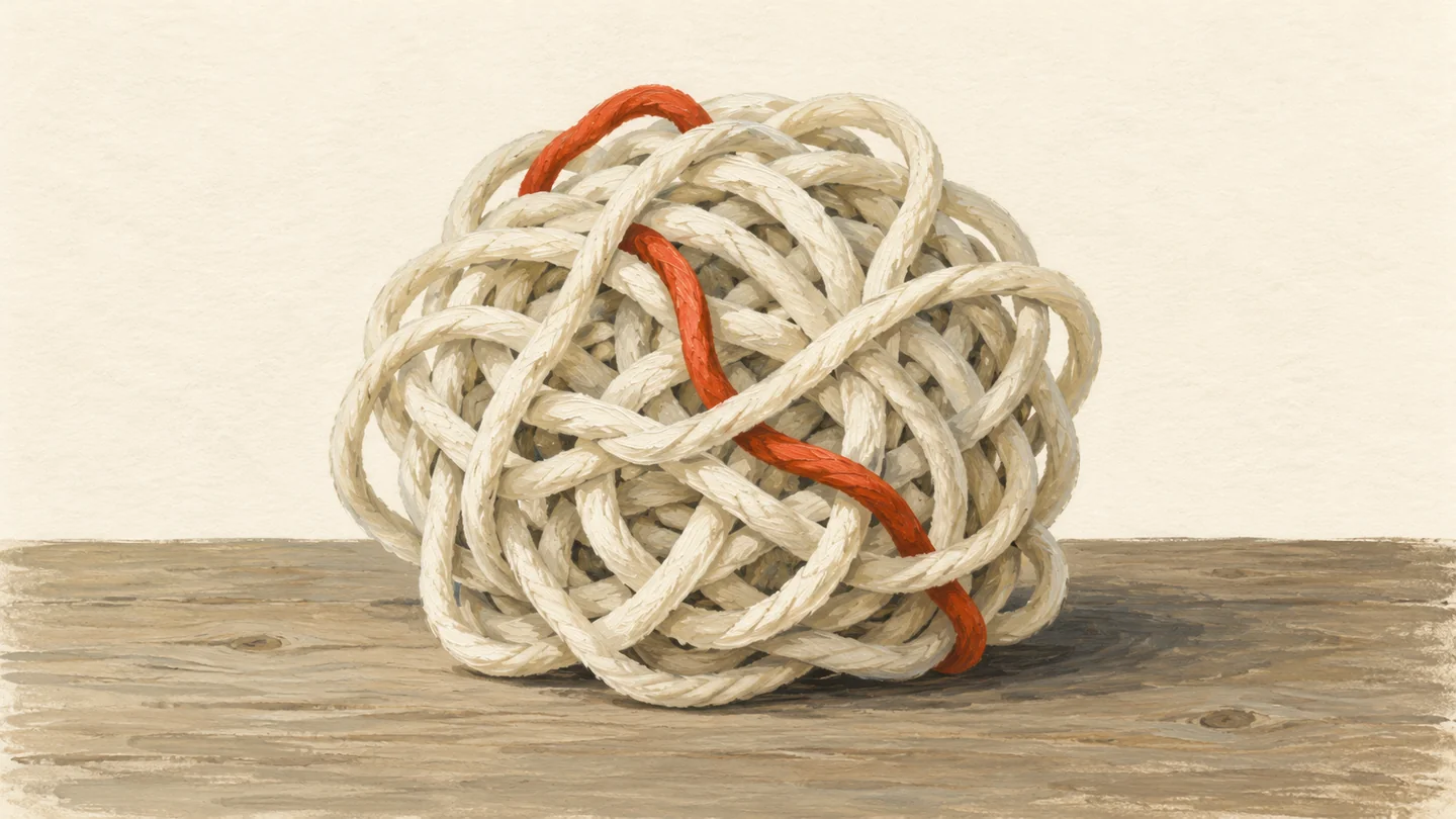 Gouache painting of a large tangled and knotted ball of cream cord on a wooden table, one strand of it vermilion