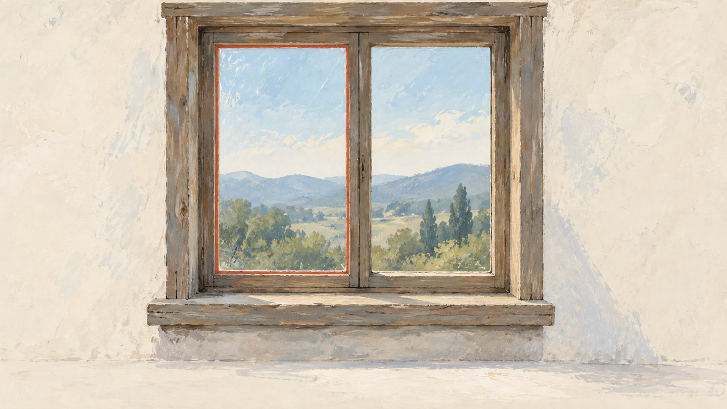Gouache painting of a wooden window frame with a new pane in place, sealed with a thin vermilion line of putty