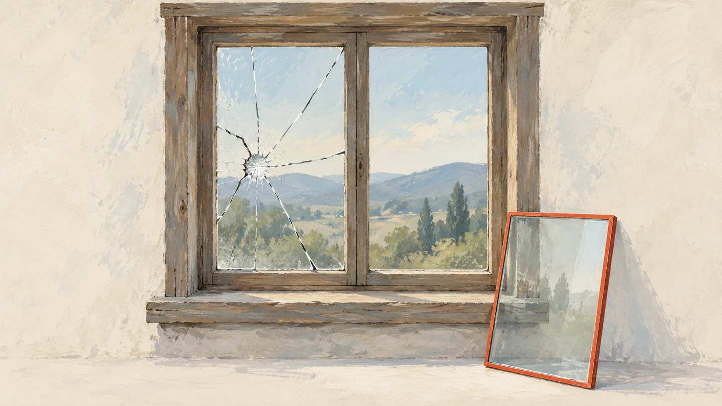 Gouache painting of a wooden window frame with one cracked pane and a spare pane edged in vermilion leaning against the sill