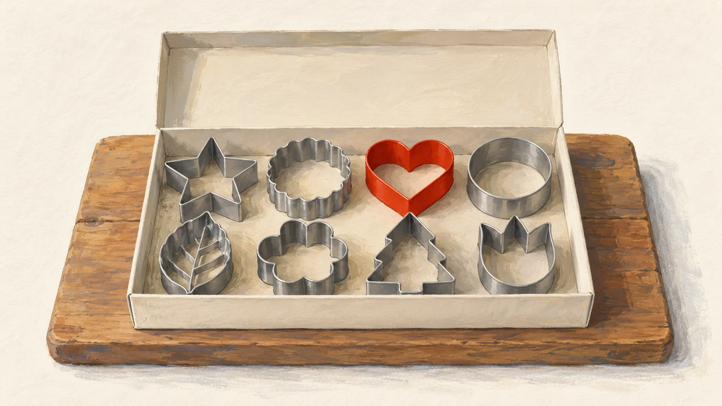 Gouache painting of a fresh set of new tin cookie cutters on a wooden board, one cutter painted vermilion