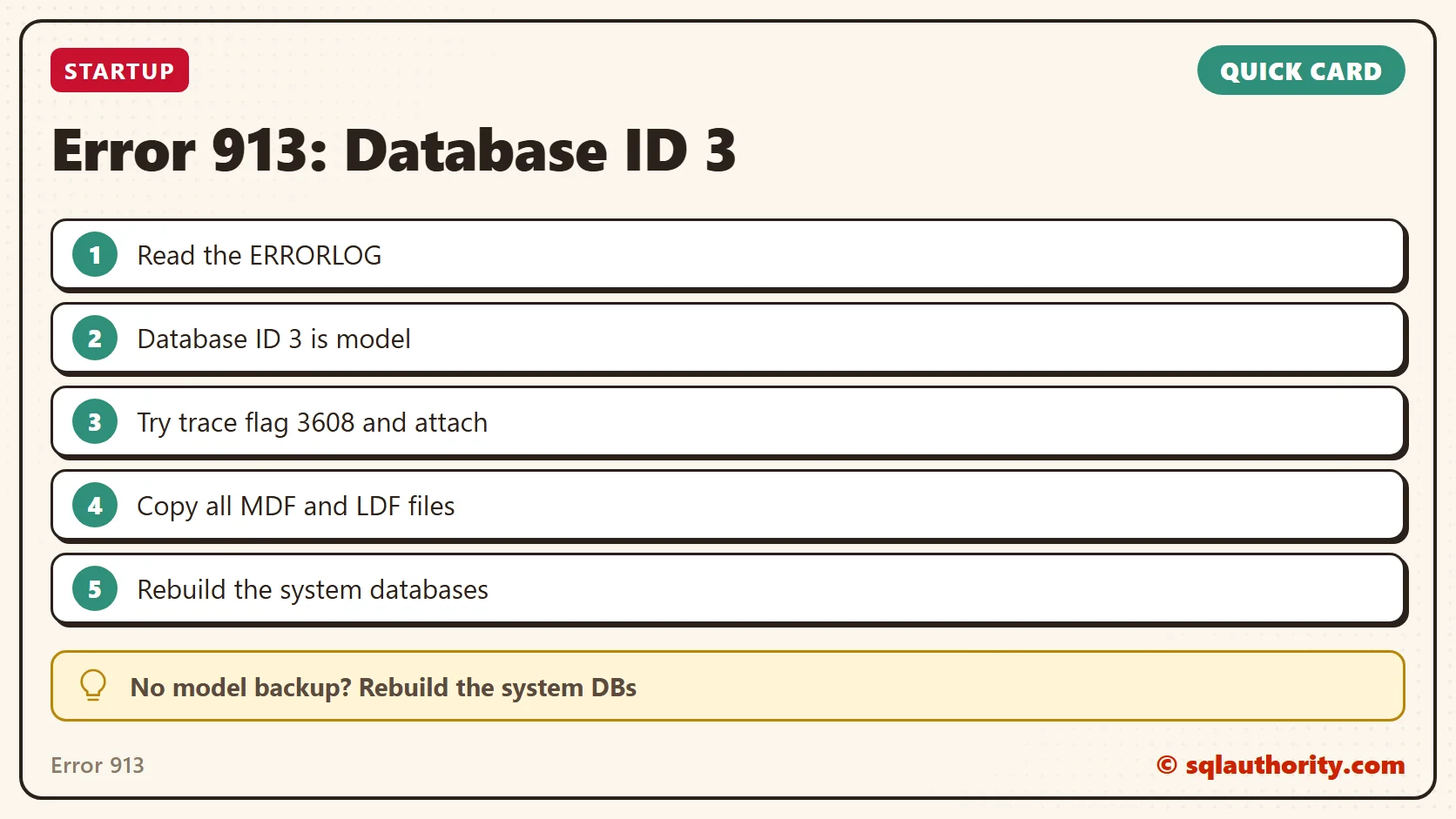 Quick reference card: Error 913: Database ID 3