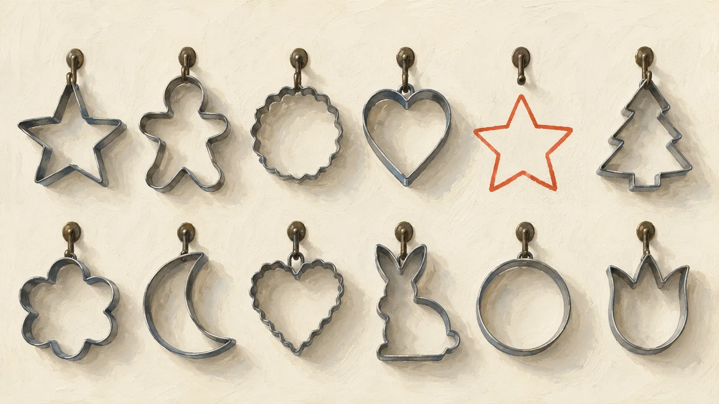 Gouache painting of a wall of tin cookie cutters hanging on small hooks with one hook empty and a vermilion outline where the missing cutter belongs