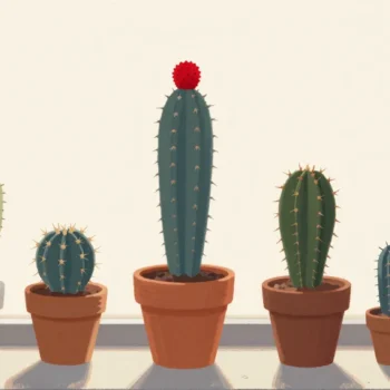 Gouache painting of a windowsill of cacti with the tallest one wearing a vermilion cork cap
