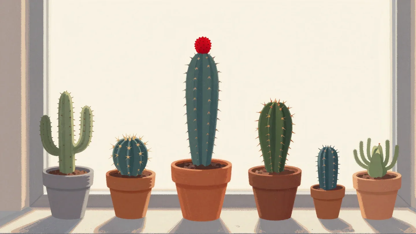 Gouache painting of a windowsill of cacti with the tallest one wearing a vermilion cork cap